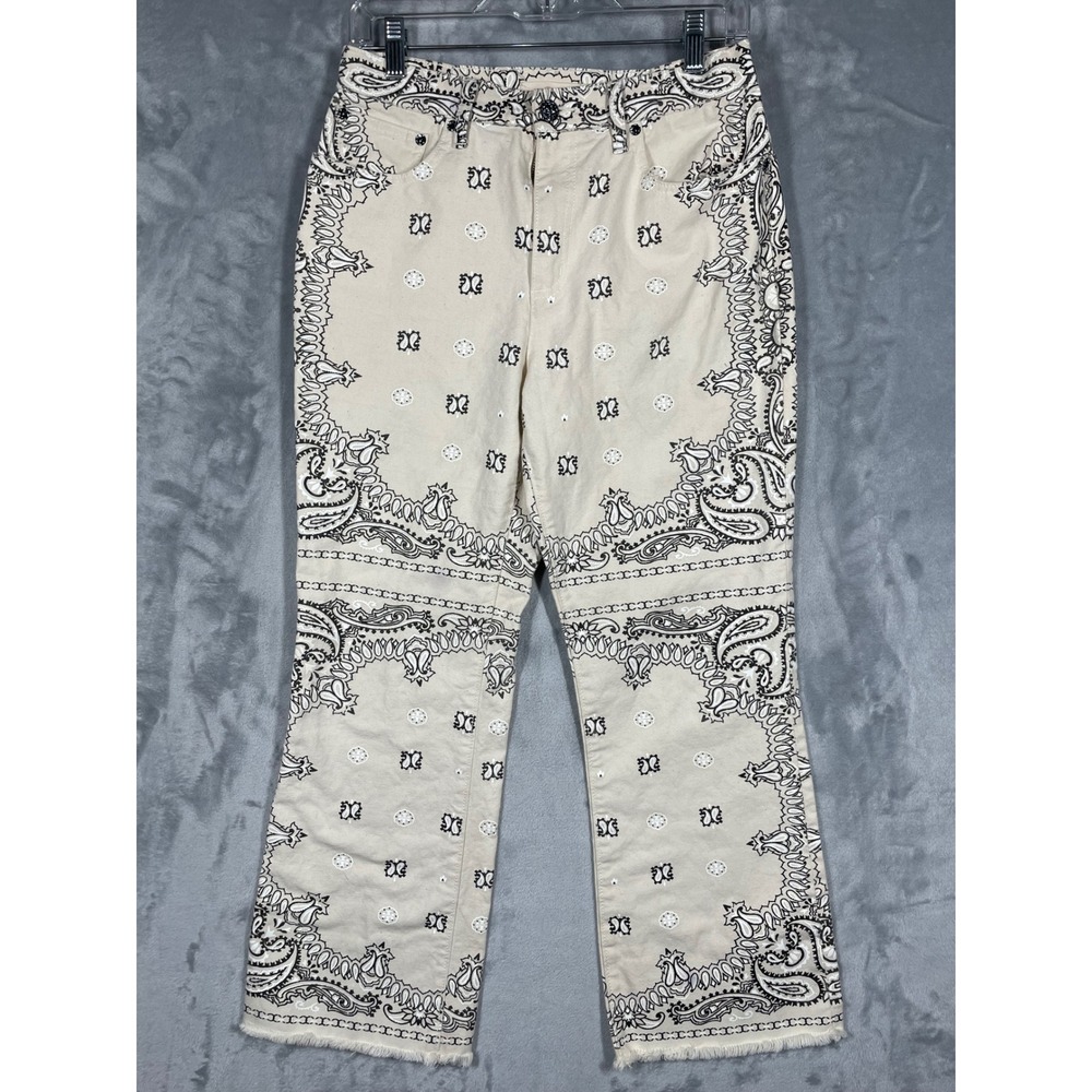 Tory Burch Bandana Paisley Print Straight Leg Jeans Cream Black Size 29